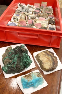 A tray containing Tourmaline specimens; with Malachite, Calcite and Smithsonite.